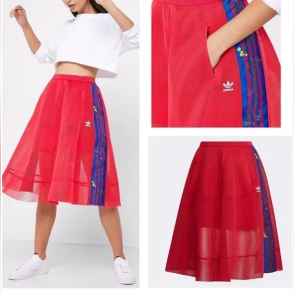 ADIDAS Pink Sheer Tulle Overlay Mesh 3 Blue Stripes Floral Embroidery Skirt EC S - Picture 16 of 16